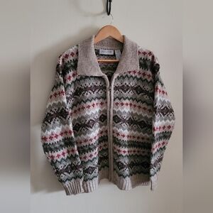 Vtg Carolyn Taylor Wool Blend Cardigan Sweater, Women's XL, Cream, Green & Red